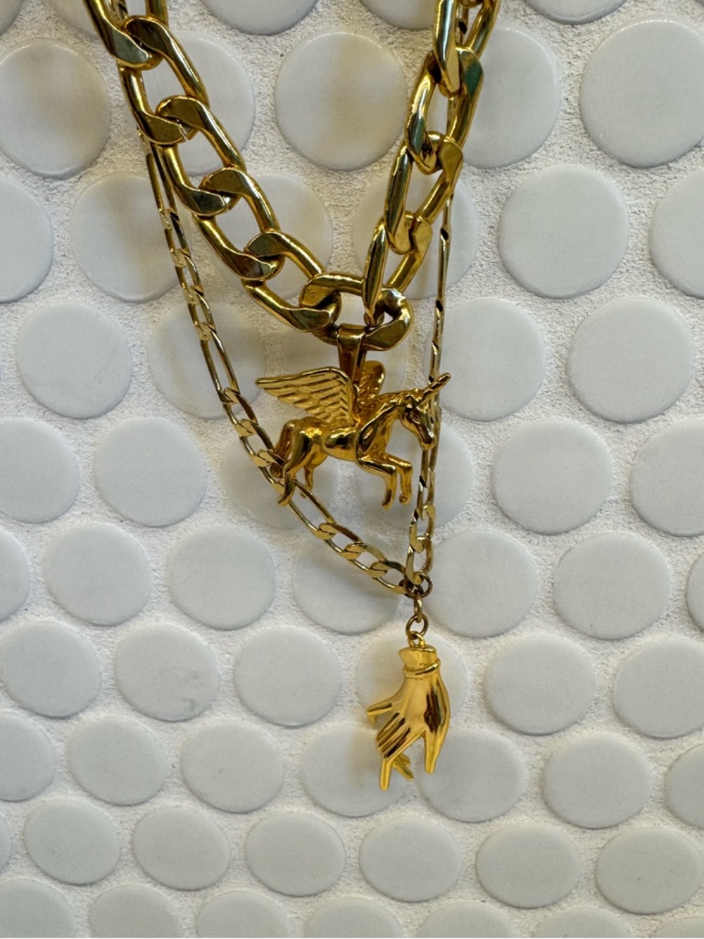 Dylan Lex inspired Gold Tone Layered Pendant Necklace w/Pegasus and Hand Charms - Picture 4 of 5